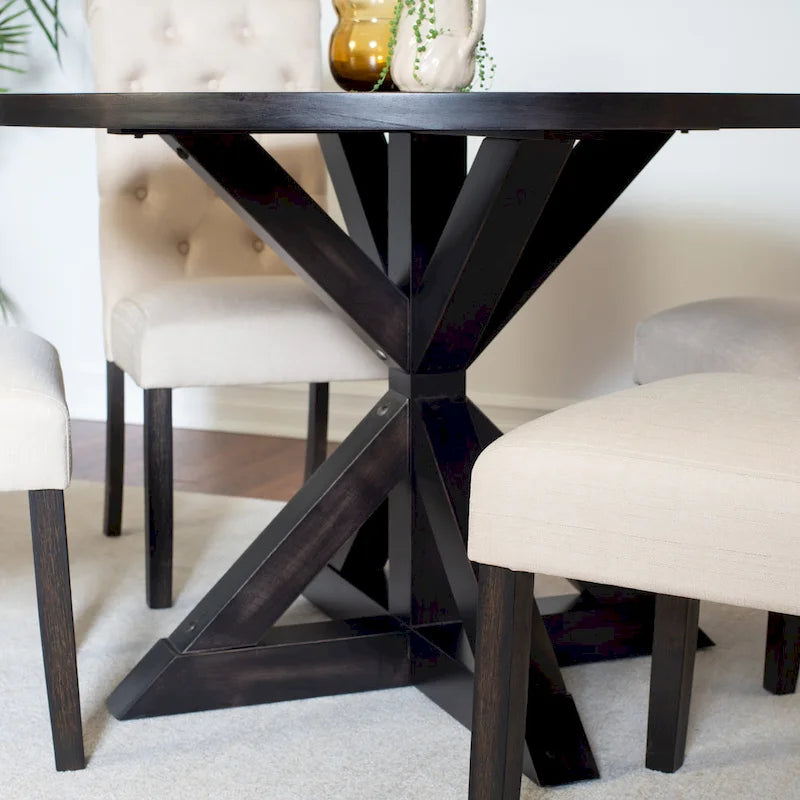 Ensemble de salle à manger 5 pièces de style moderne avec table ronde à piètement croisé et 4 chaises rembourrées en lin capitonné