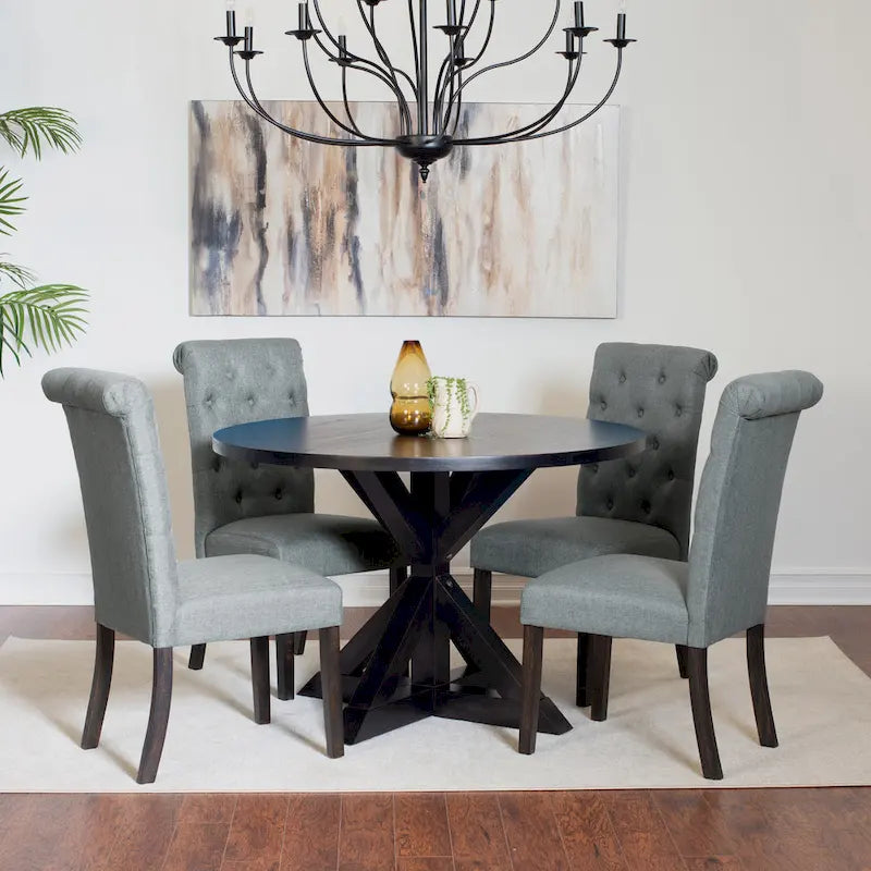 Ensemble de salle à manger 5 pièces de style moderne avec table ronde à piètement croisé et 4 chaises rembourrées en lin capitonné