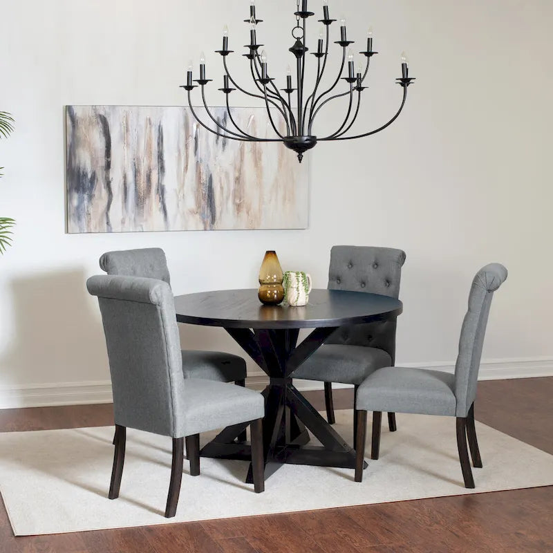 Ensemble de salle à manger 5 pièces de style moderne avec table ronde à piètement croisé et 4 chaises rembourrées en lin capitonné