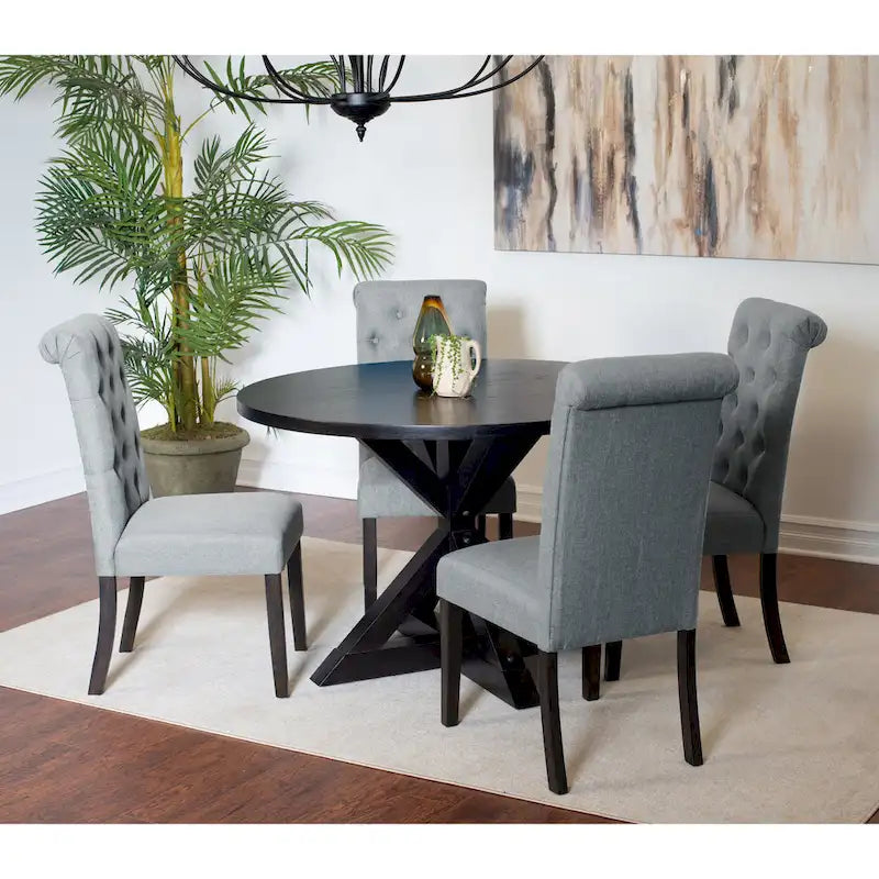 Ensemble de salle à manger 5 pièces de style moderne avec table ronde à piètement croisé et 4 chaises rembourrées en lin capitonné