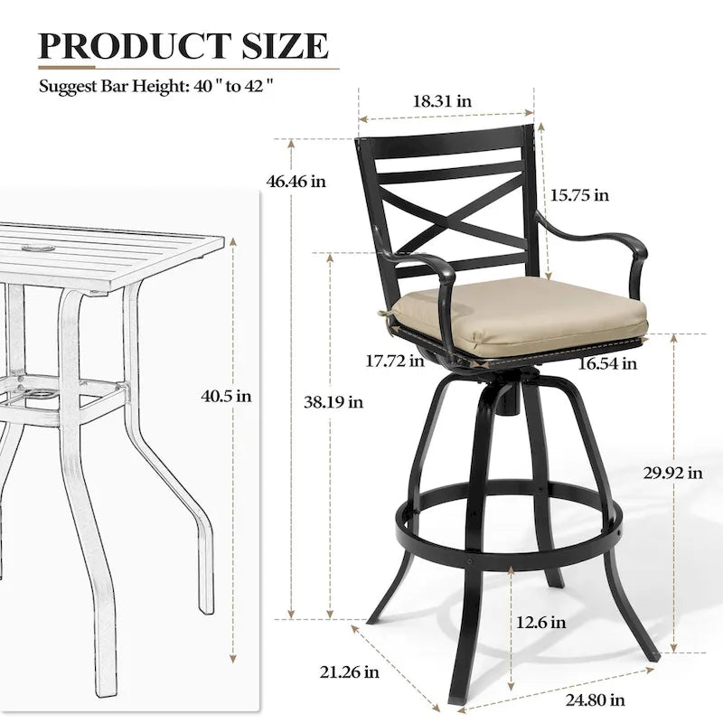 Ensemble de 3 ou 5 tabourets de bar pivotants et table de patio en aluminium pour l'extérieur