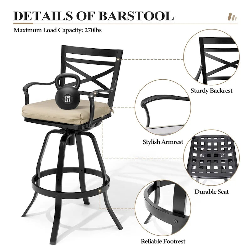 Ensemble de 3 ou 5 tabourets de bar pivotants et table de patio en aluminium pour l'extérieur