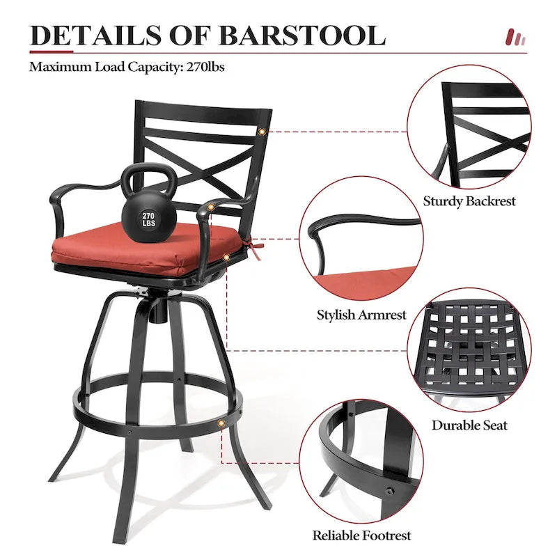 Ensemble de 3 ou 5 tabourets de bar pivotants et table de patio en aluminium pour l'extérieur