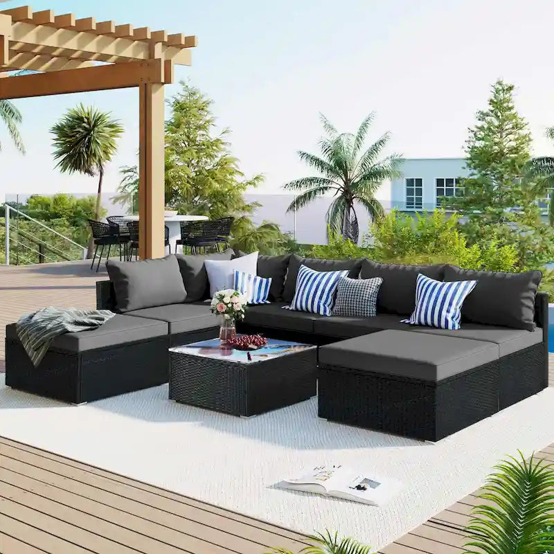 Ensemble de salon de jardin modulable en osier tressé 8 pièces avec table basse et coussins