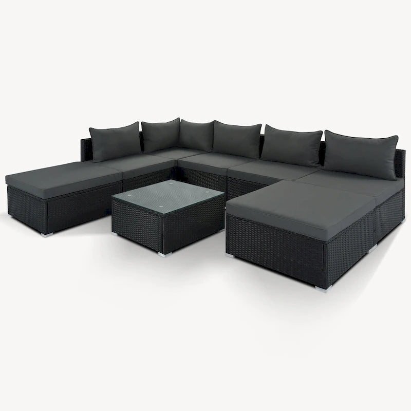 Ensemble de salon de jardin modulable en osier tressé 8 pièces avec table basse et coussins