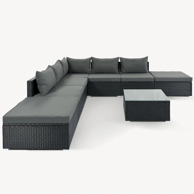 Ensemble de salon de jardin modulable en osier tressé 8 pièces avec table basse et coussins