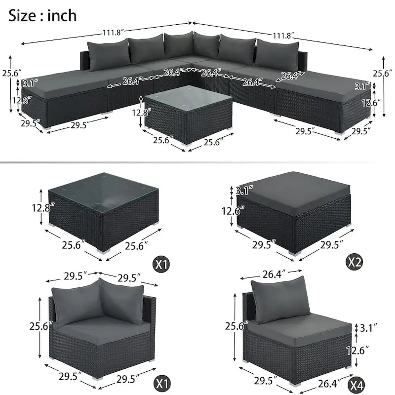 Ensemble de salon de jardin modulable en osier tressé 8 pièces avec table basse et coussins