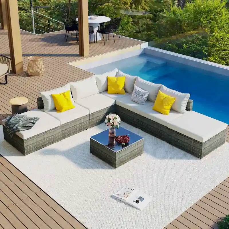 Ensemble de salon de jardin modulable en osier tressé 8 pièces avec table basse et coussins