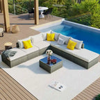 Ensemble de salon de jardin modulable en osier tressé 8 pièces avec table basse et coussins
