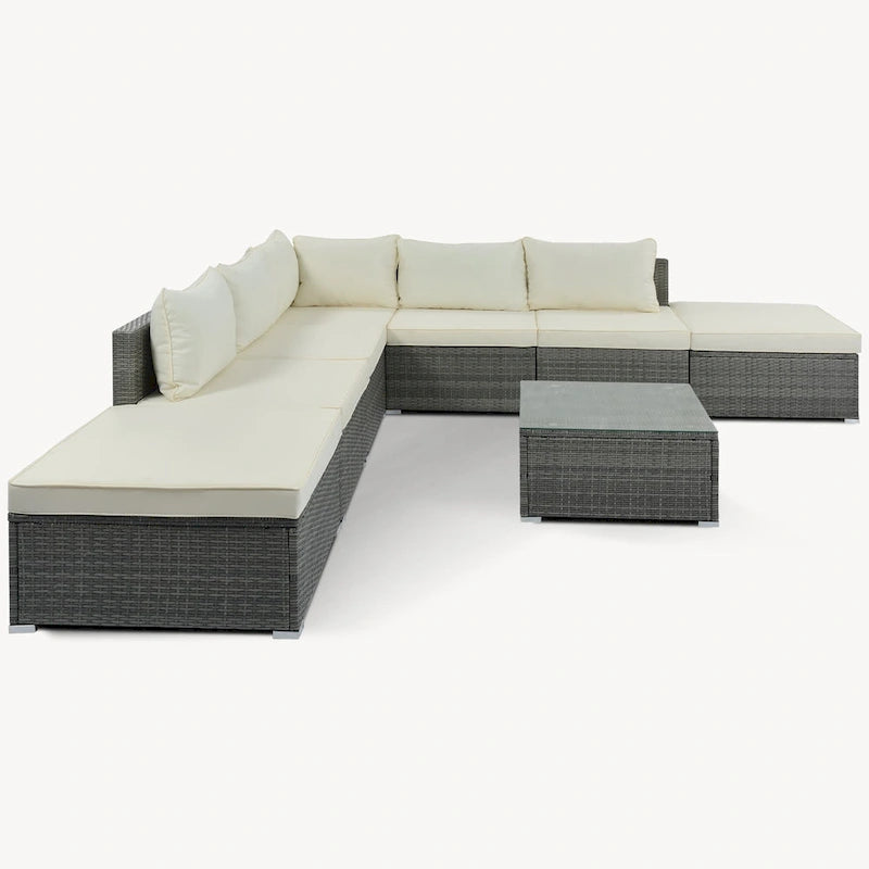 Ensemble de salon de jardin modulable en osier tressé 8 pièces avec table basse et coussins