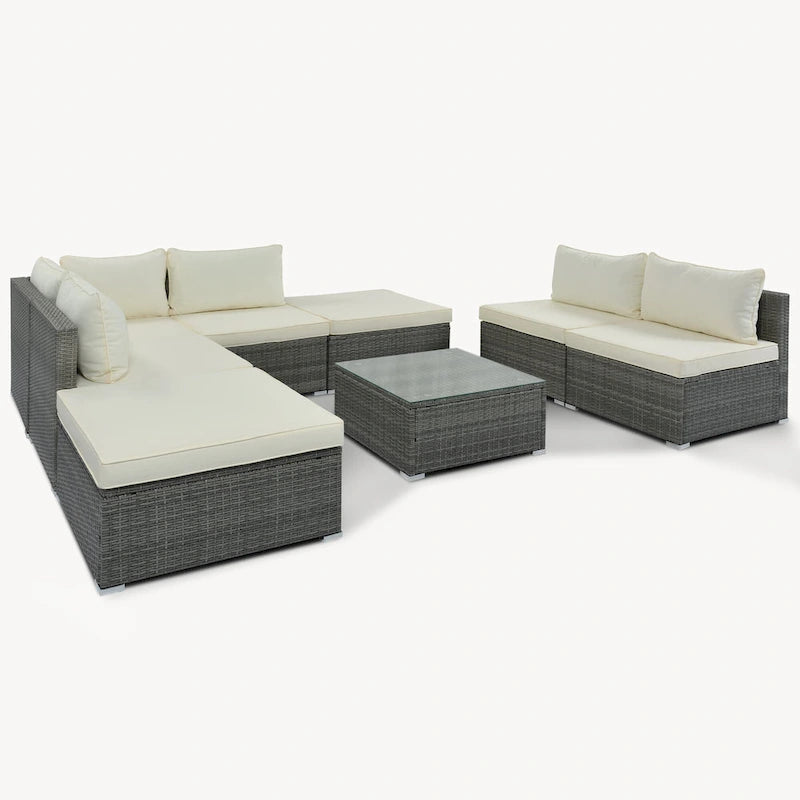 Ensemble de salon de jardin modulable en osier tressé 8 pièces avec table basse et coussins