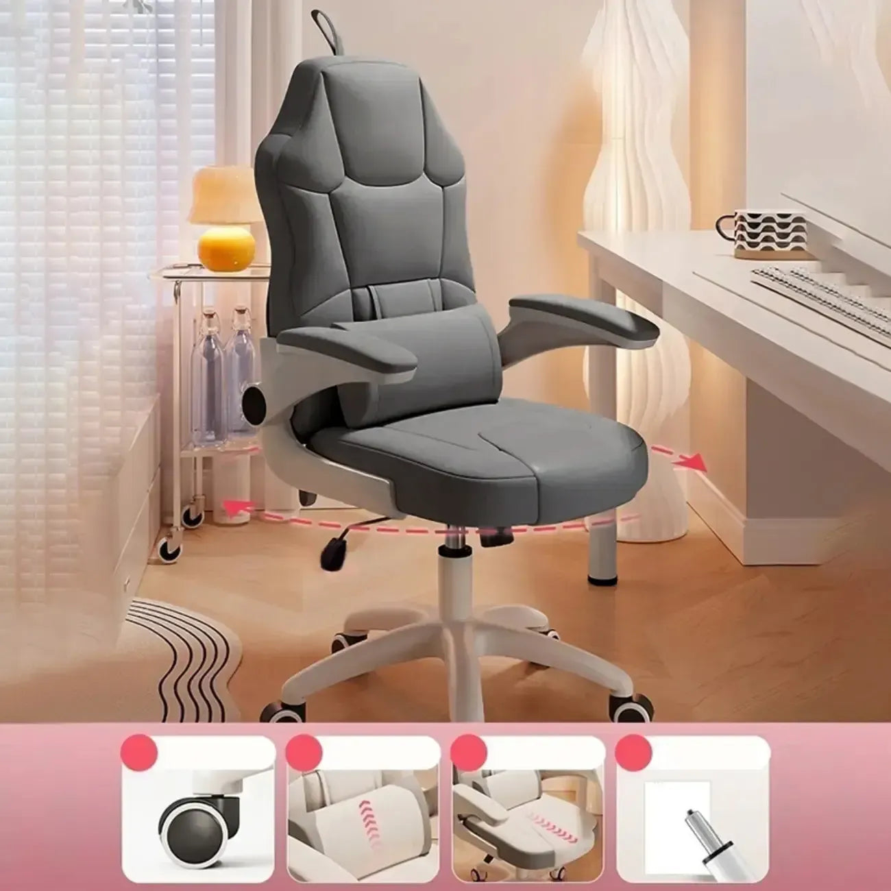 Fauteuil de bureau pivotant réglable en cuir gris et blanc moderne