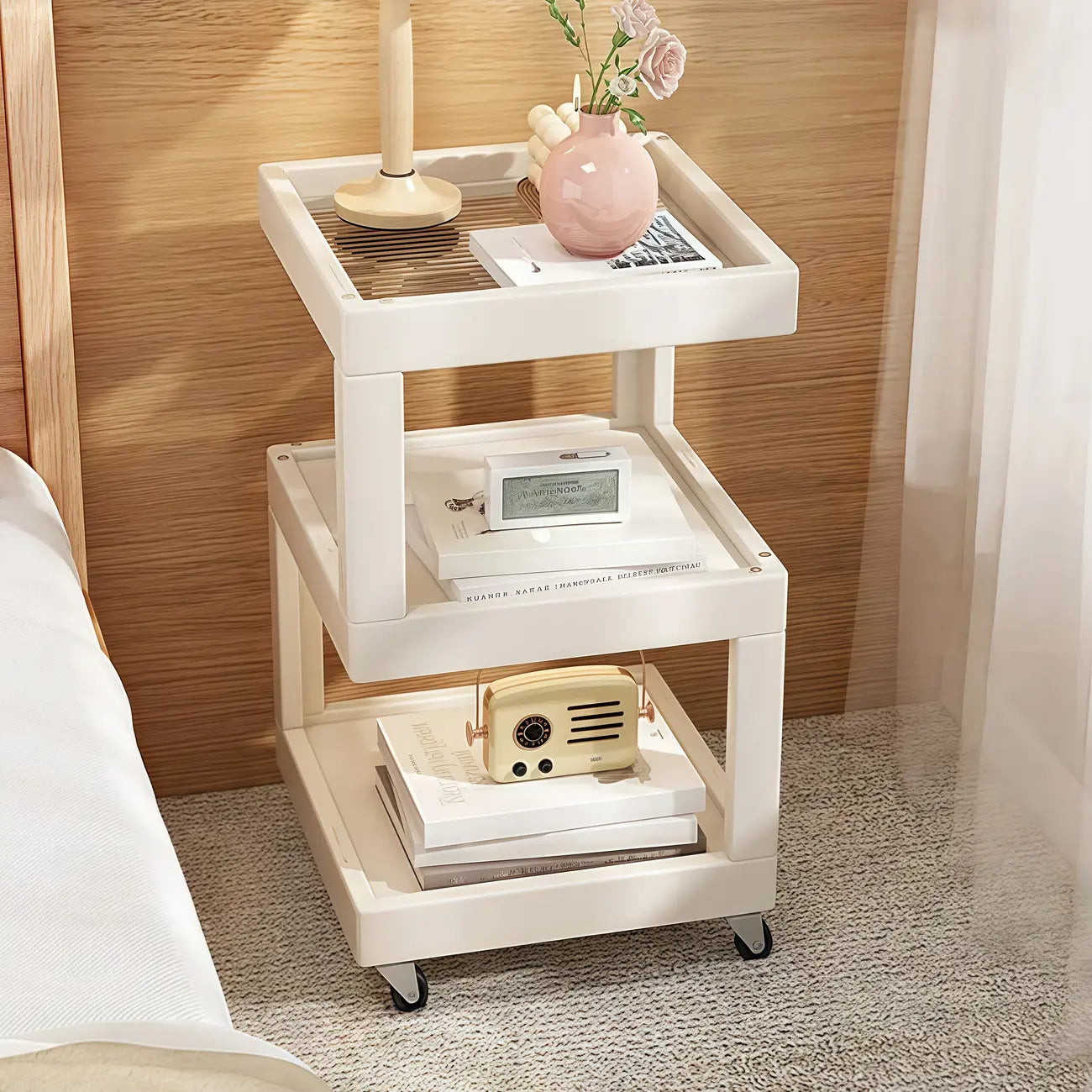 Dessus de table de rangement en bois de noyer à 3 niveaux avec roulettes