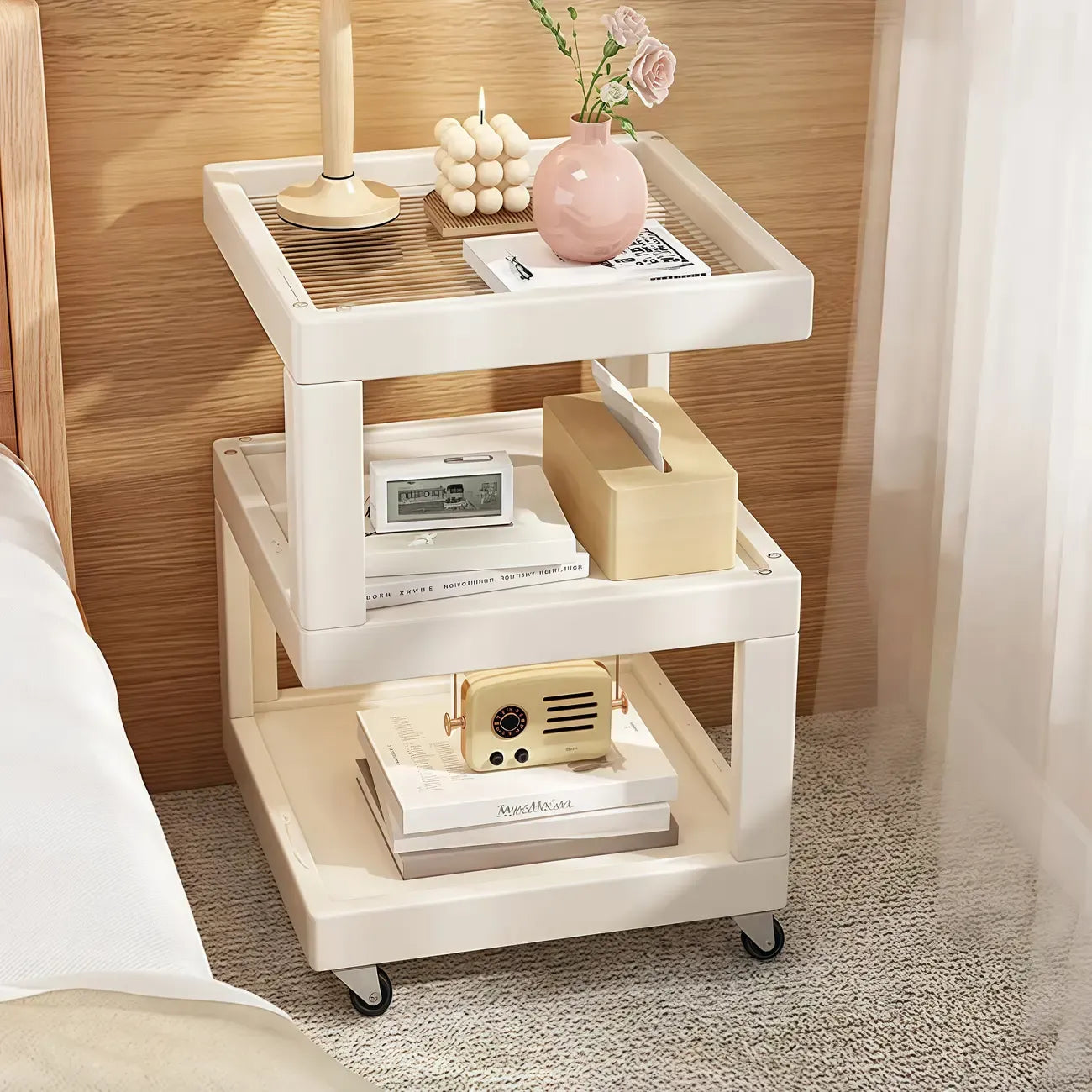 Dessus de table de rangement en bois de noyer à 3 niveaux avec roulettes