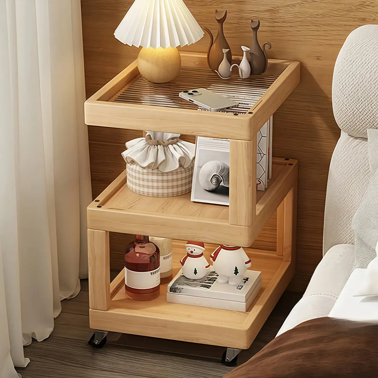 Dessus de table de rangement en bois de noyer à 3 niveaux avec roulettes