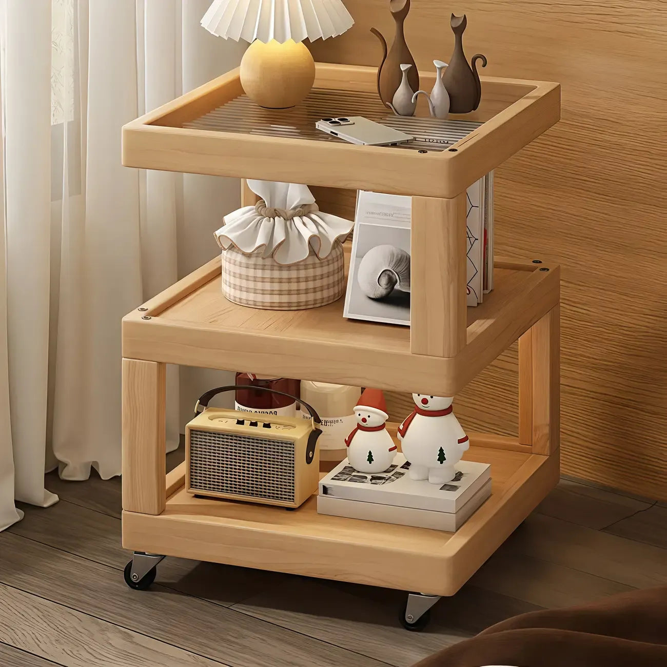 Dessus de table de rangement en bois de noyer à 3 niveaux avec roulettes