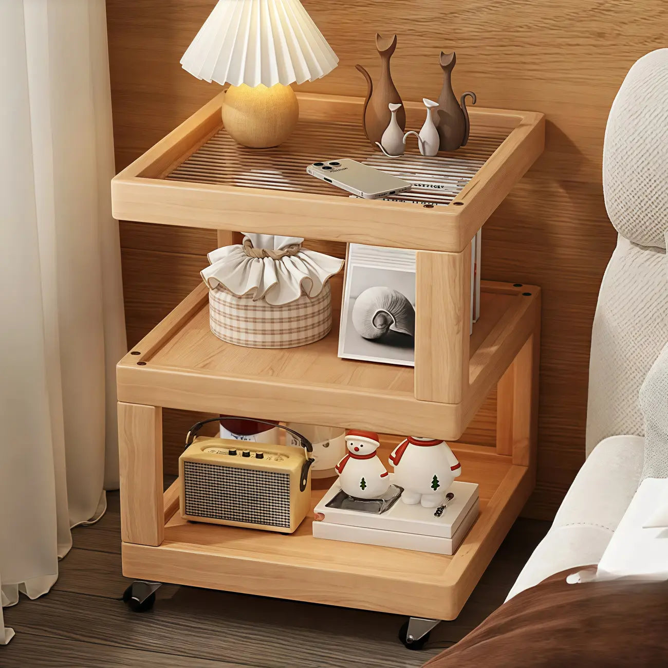Dessus de table de rangement en bois de noyer à 3 niveaux avec roulettes