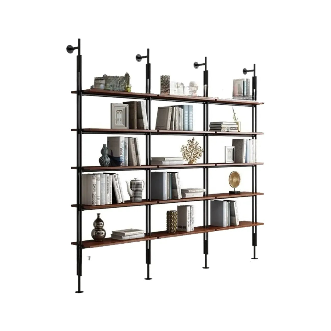 Étagère bibliothèque haute marron à cadre métallique et dos ouvert