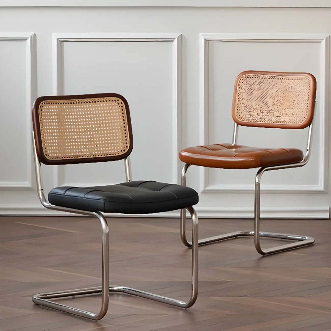Chaise de salle à manger moderne en similicuir marron avec dossier tissé et piètement cantilever