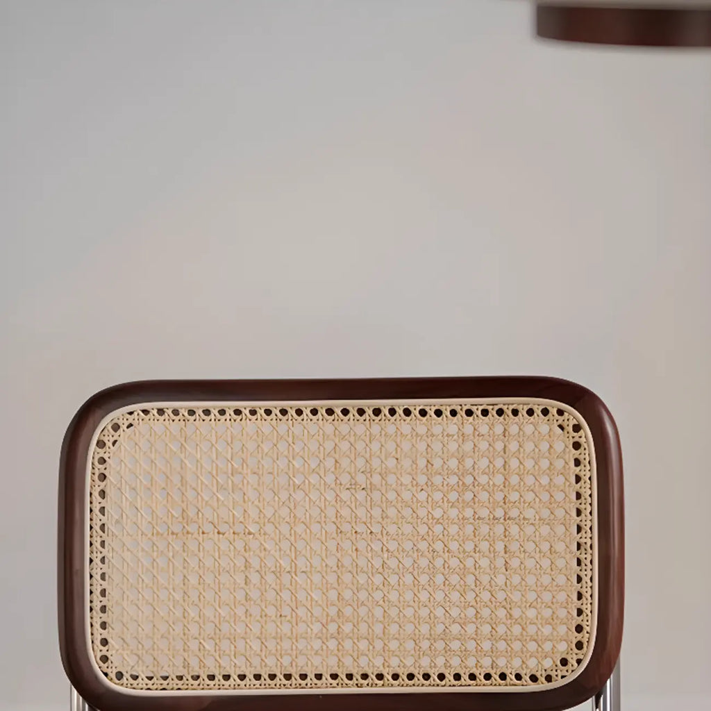 Chaise de salle à manger moderne en similicuir marron avec dossier tissé et piètement cantilever