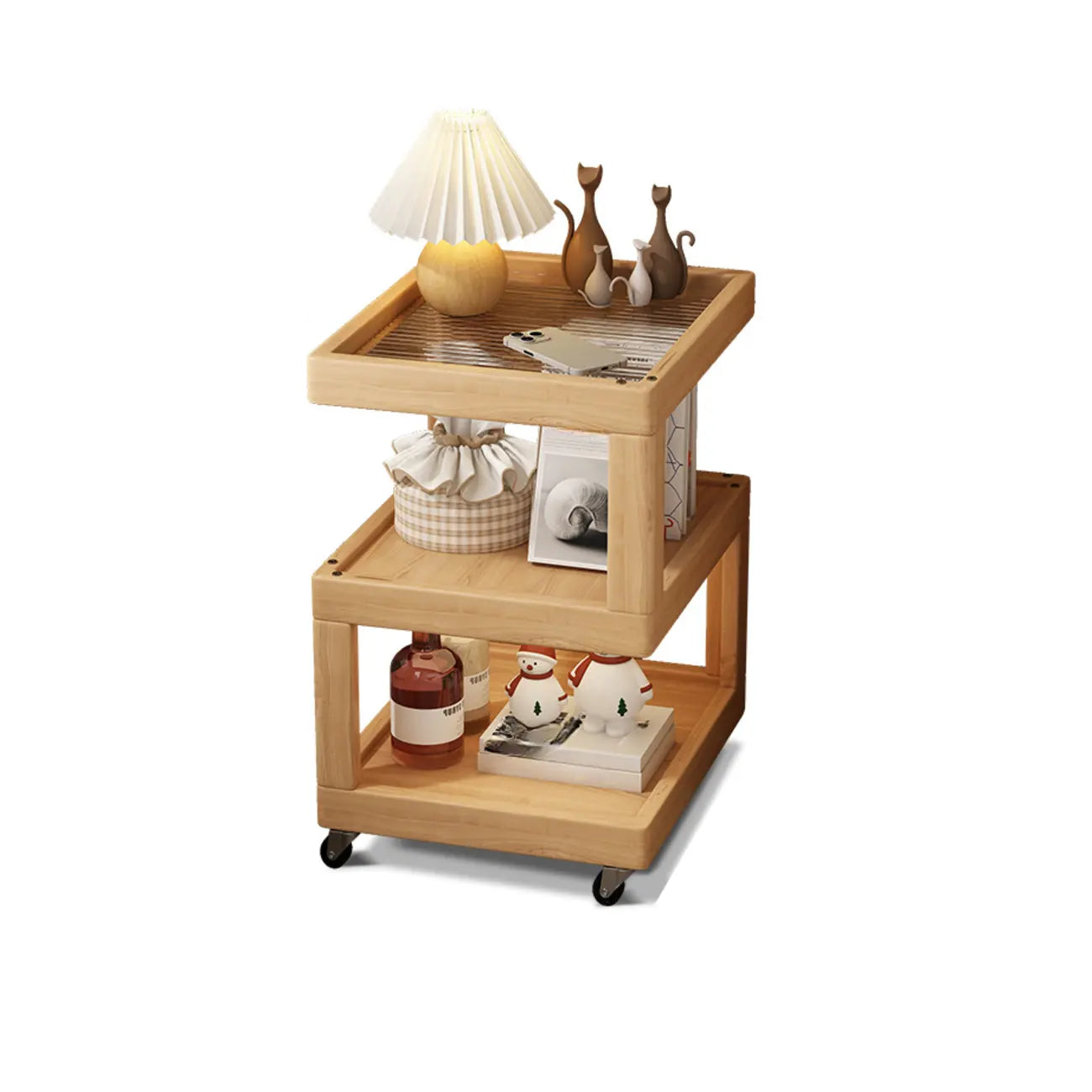 Dessus de table de rangement en bois de noyer à 3 niveaux avec roulettes