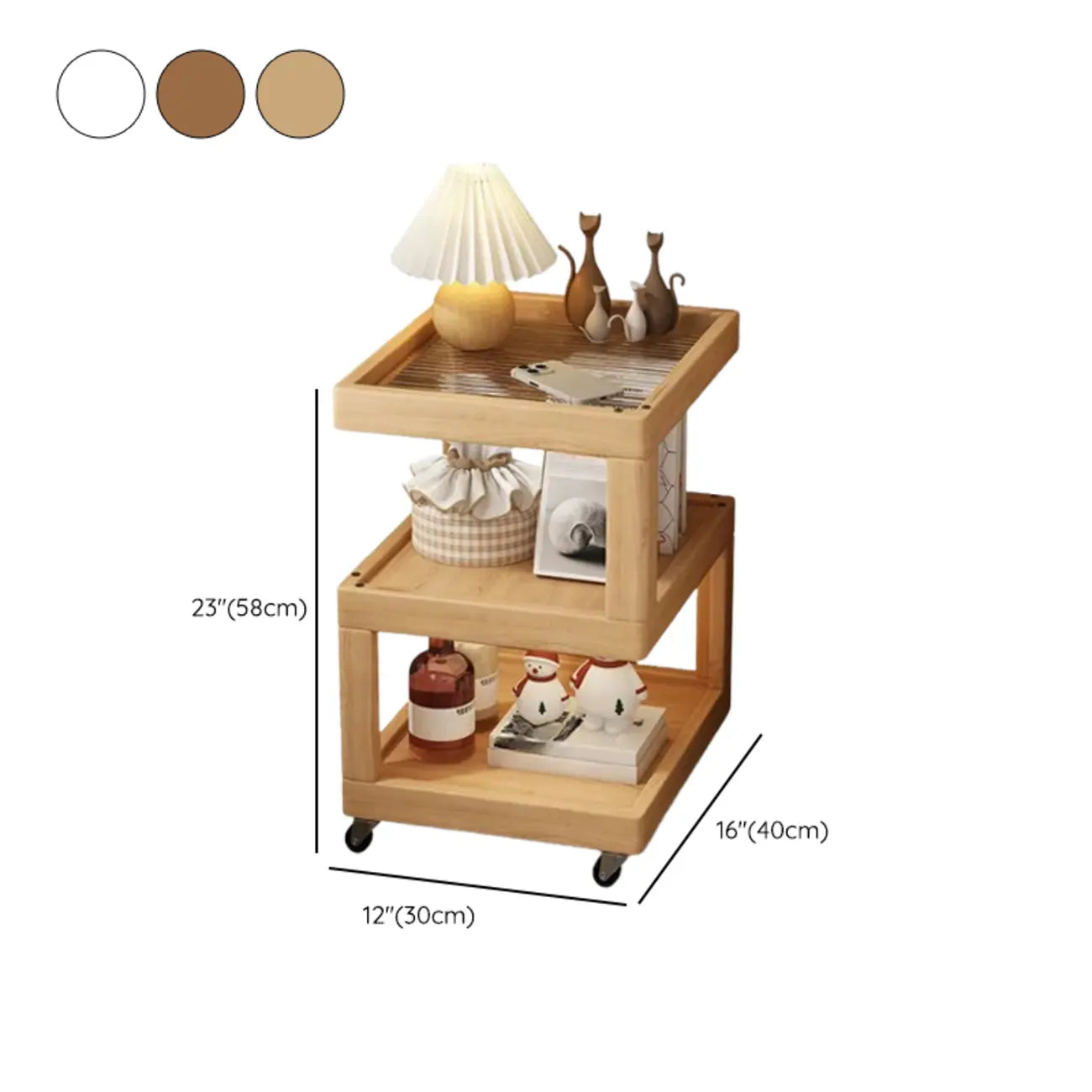 Dessus de table de rangement en bois de noyer à 3 niveaux avec roulettes