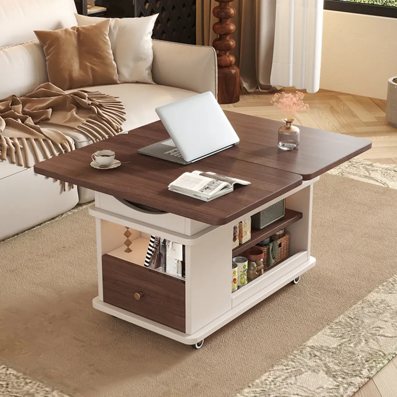 Table d'appoint pliante rectangulaire en bois et métal avec plateau relevable et roulettes