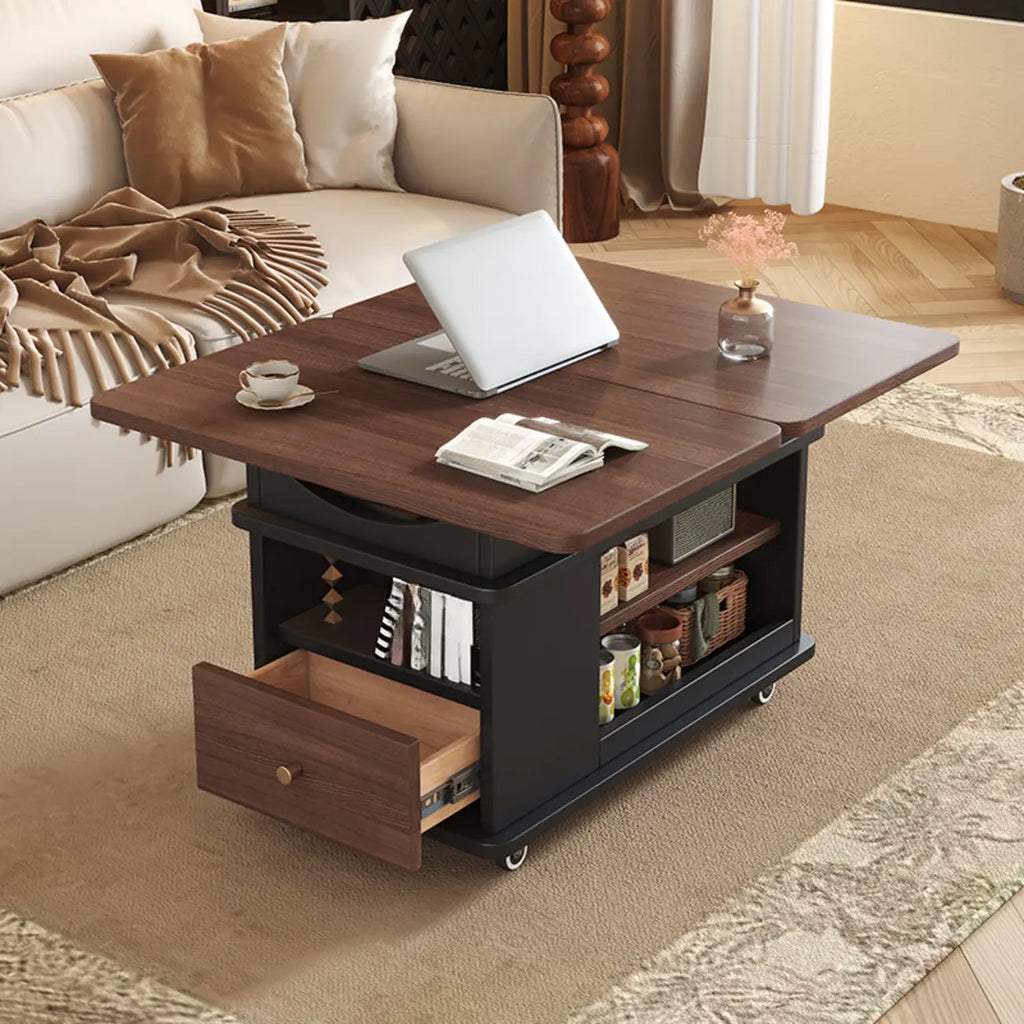 Table d'appoint pliante rectangulaire en bois et métal avec plateau relevable et roulettes