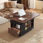 Table d'appoint pliante rectangulaire en bois et métal avec plateau relevable et roulettes