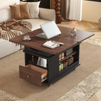 Table d'appoint pliante rectangulaire en bois et métal avec plateau relevable et roulettes