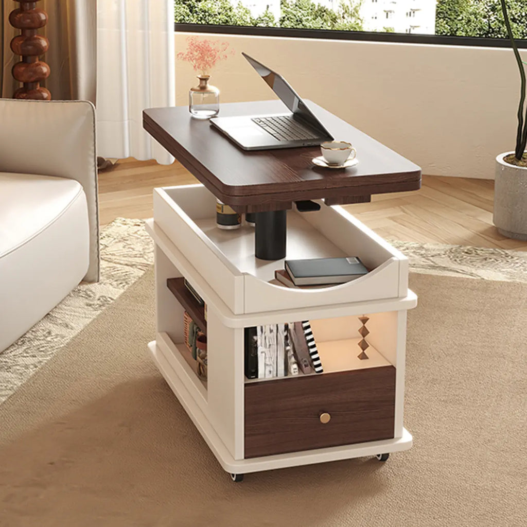 Table d'appoint pliante rectangulaire en bois et métal avec plateau relevable et roulettes