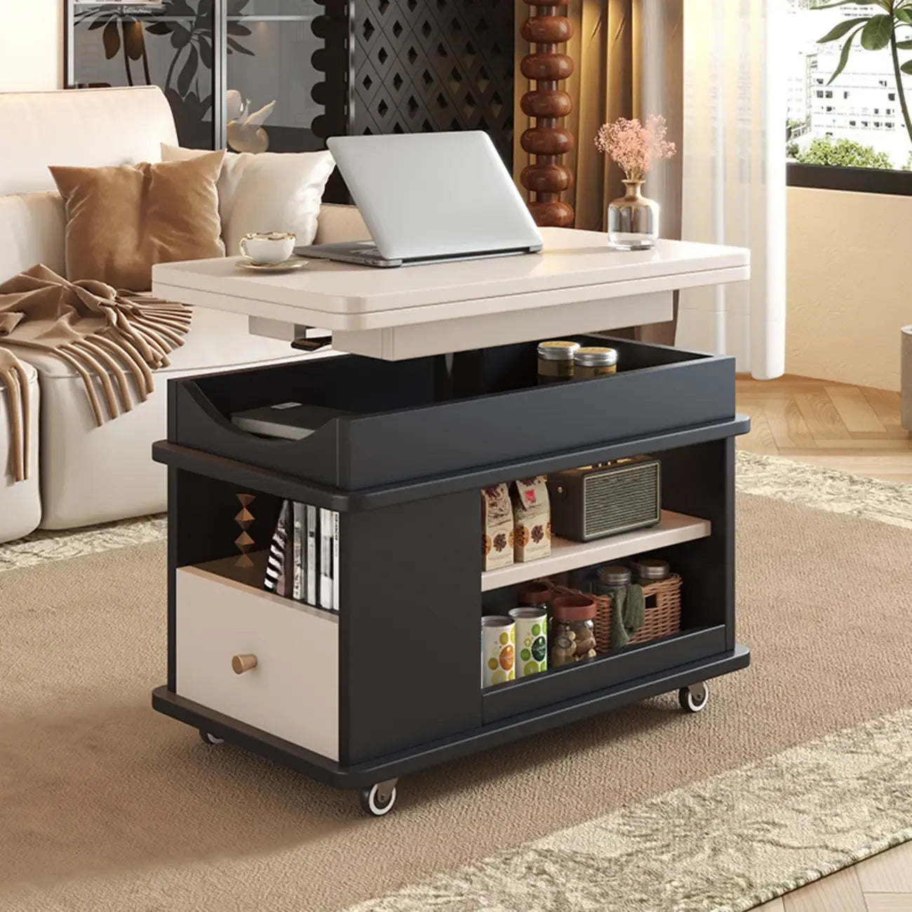 Table d'appoint pliante rectangulaire en bois et métal avec plateau relevable et roulettes