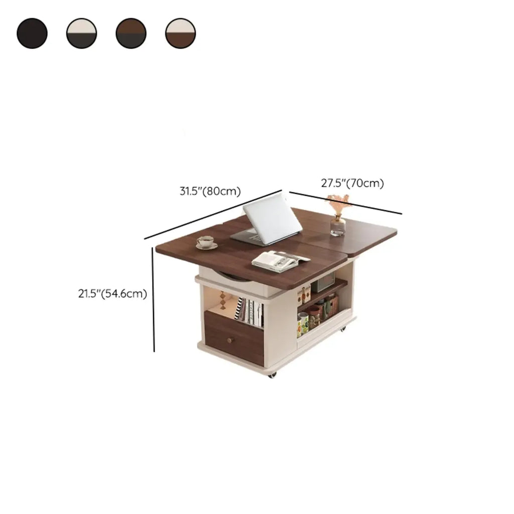 Table d'appoint pliante rectangulaire en bois et métal avec plateau relevable et roulettes