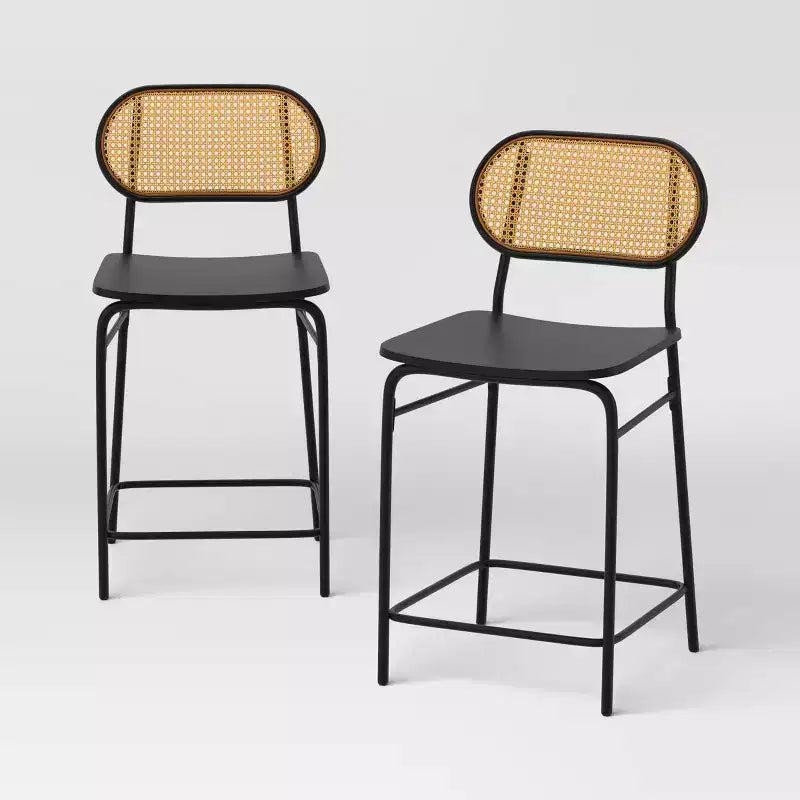Set of 2 24" Wicker Back Metal Counter Height Barstool with Footrest Black - Room Essentials™