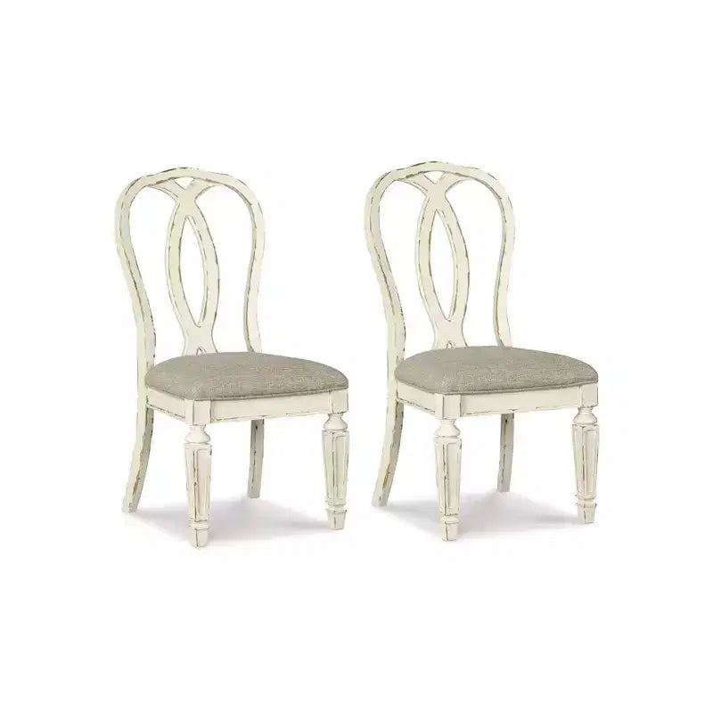 Lot de 2 chaises de salle à manger Realyn Ribbon Back rembourrées, blanc écaillé - Signature Design by Ashley : polyester, finition texturée, cadre en bois