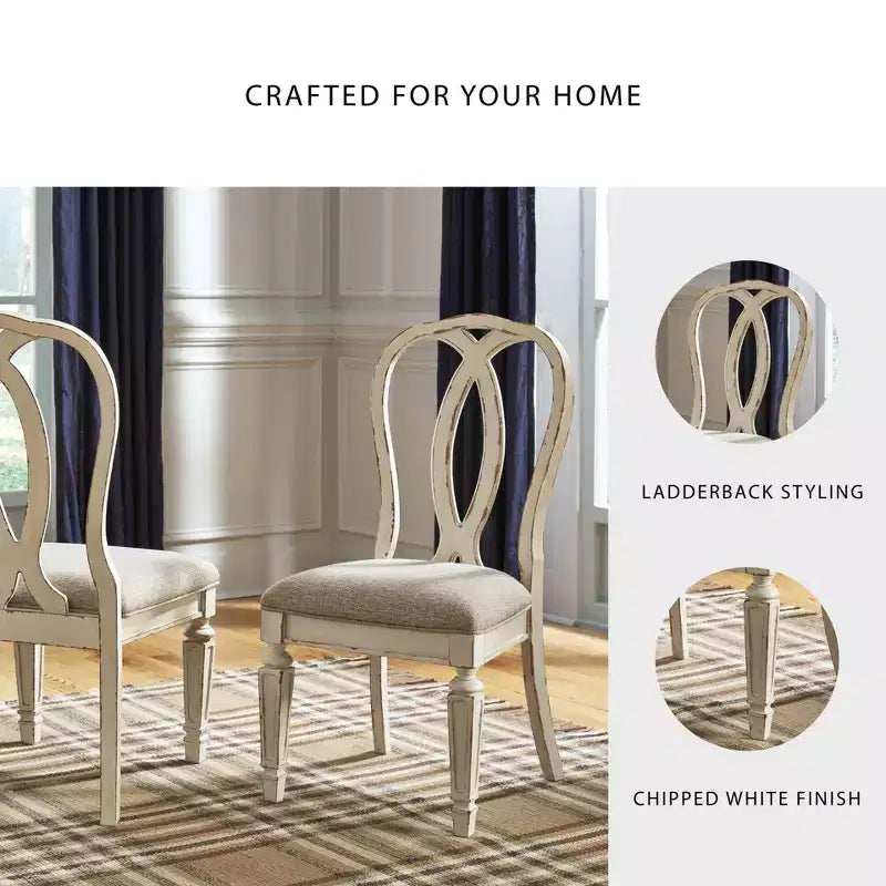 Lot de 2 chaises de salle à manger Realyn Ribbon Back rembourrées, blanc écaillé - Signature Design by Ashley : polyester, finition texturée, cadre en bois