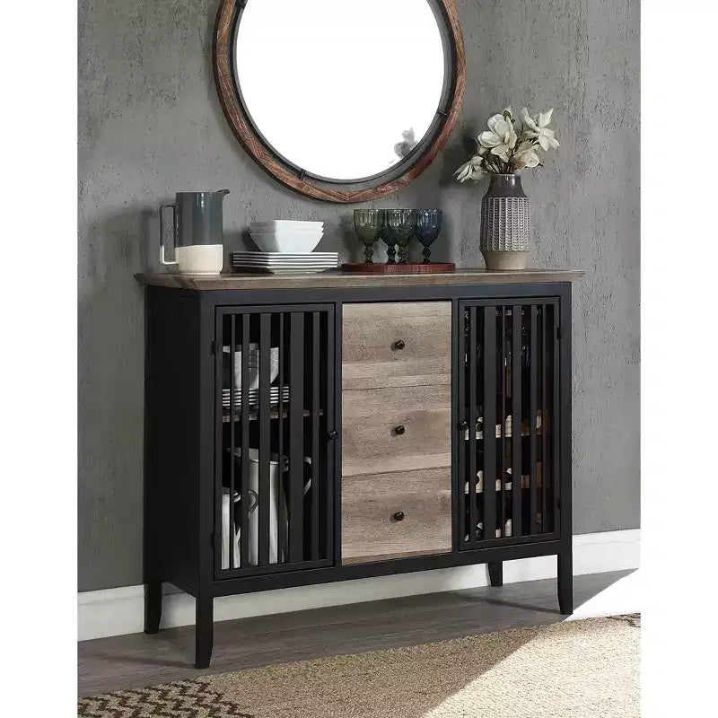 Meuble de cuisine et de salle à manger Zudora de 47 po fini chêne antique et noir sablé – Acme Furniture : cadre en métal, rangement divisé, bois composite