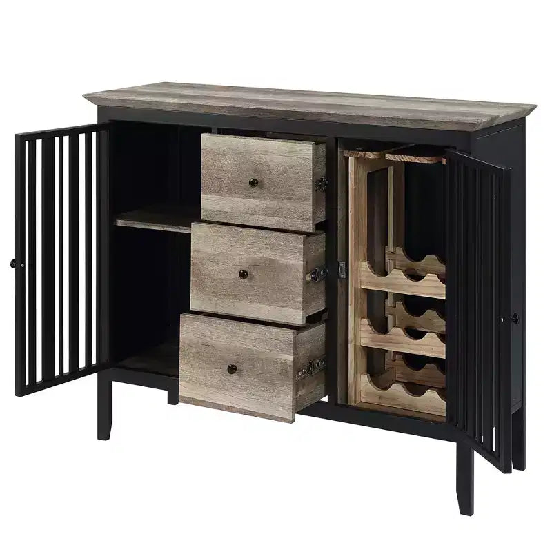 Meuble de cuisine et de salle à manger Zudora de 47 po fini chêne antique et noir sablé – Acme Furniture : cadre en métal, rangement divisé, bois composite