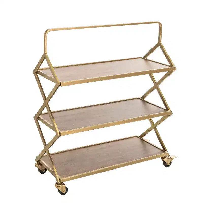 Desserte Hudson dorée - Adore Decor : Rangement roulant, 3 étagères, surface en bois d'hévéa, aucun assemblage requis