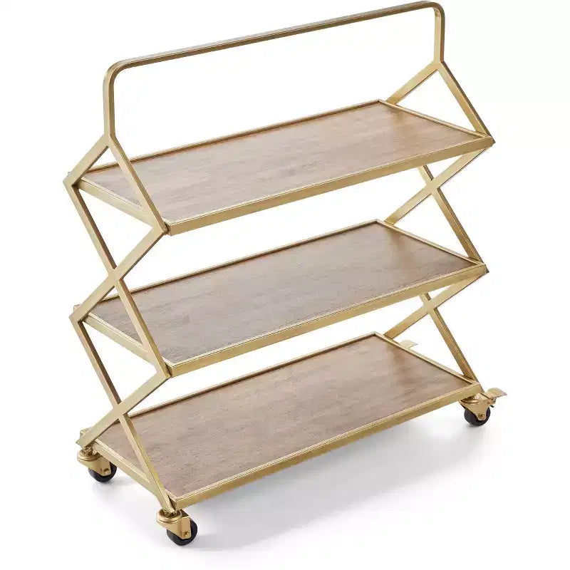 Desserte Hudson dorée - Adore Decor : Rangement roulant, 3 étagères, surface en bois d'hévéa, aucun assemblage requis