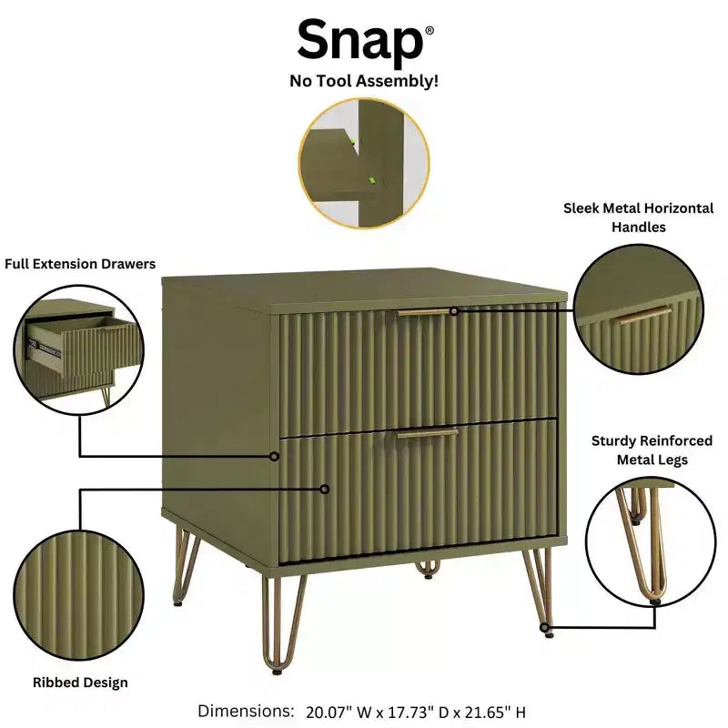 Table de chevet Dumbo à 2 tiroirs Manhattan Comfort vert olive : cadre en MDF brillant, quincaillerie en métal doré, style contemporain