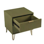 Table de chevet Dumbo à 2 tiroirs Manhattan Comfort vert olive : cadre en MDF brillant, quincaillerie en métal doré, style contemporain