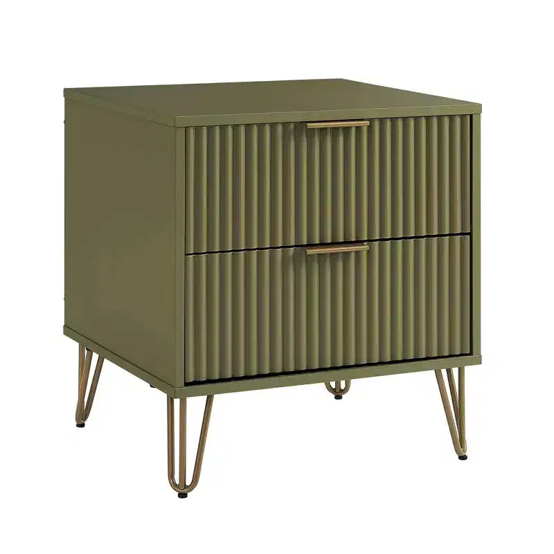 Table de chevet Dumbo à 2 tiroirs Manhattan Comfort vert olive : cadre en MDF brillant, quincaillerie en métal doré, style contemporain