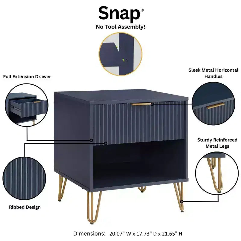 Manhattan Comfort Dumbo Table de chevet avec tiroir Bleu nuit : Rangement contemporain, Glissières en métal, Finition brillante