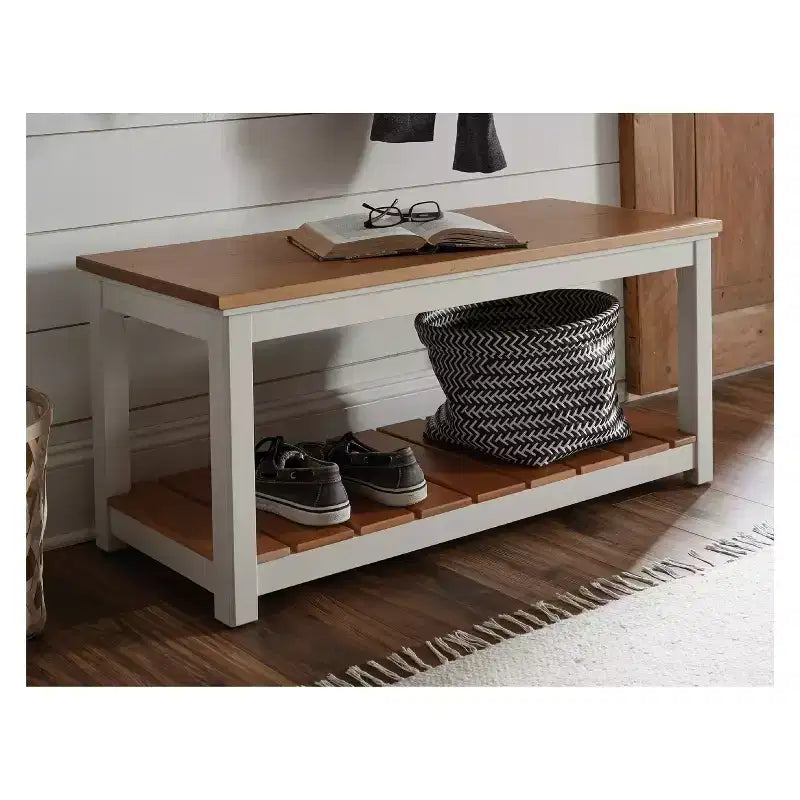 Savannah Bench Ivory with Natural Wood Top - Alaterre Furniture