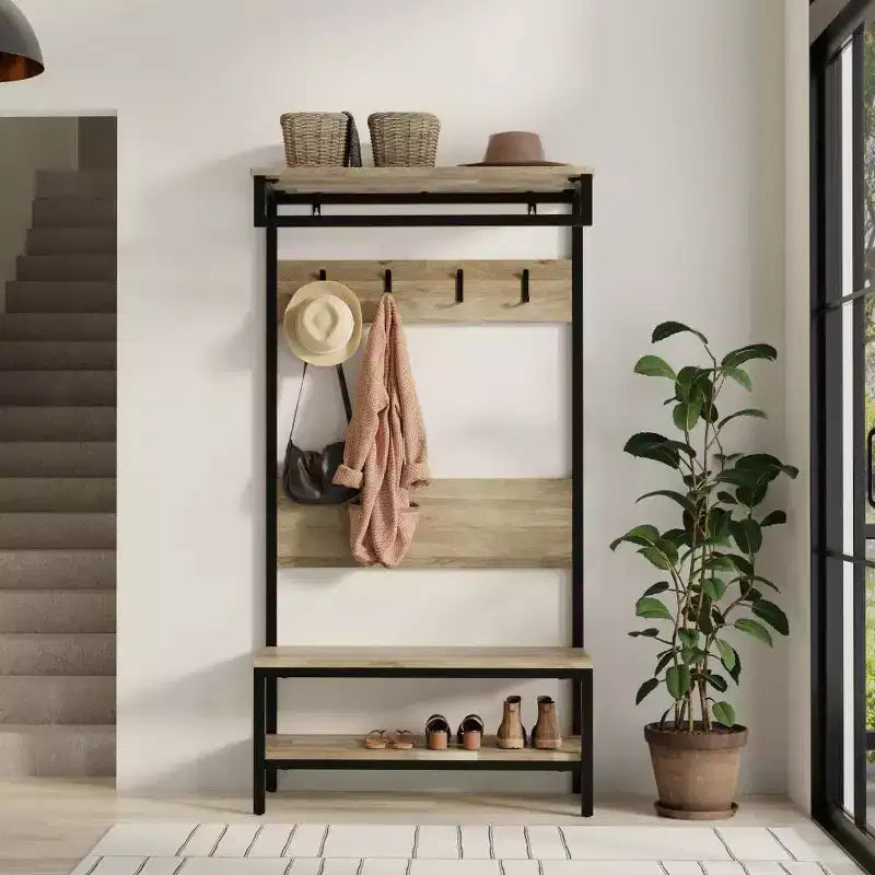 Banc d'entrée industriel en bois massif WyndenHall 40" de large avec porte-manteau naturel