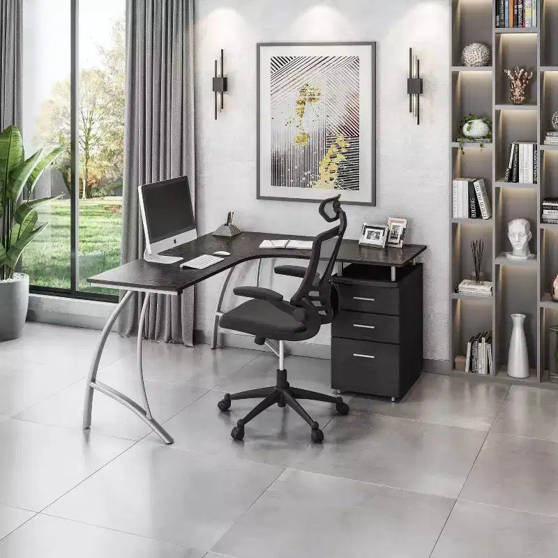 Bureau d'ordinateur moderne en L Techni Mobili avec classeur et rangements marron expresso : Poste de travail de bureau, construction en MDF et acier