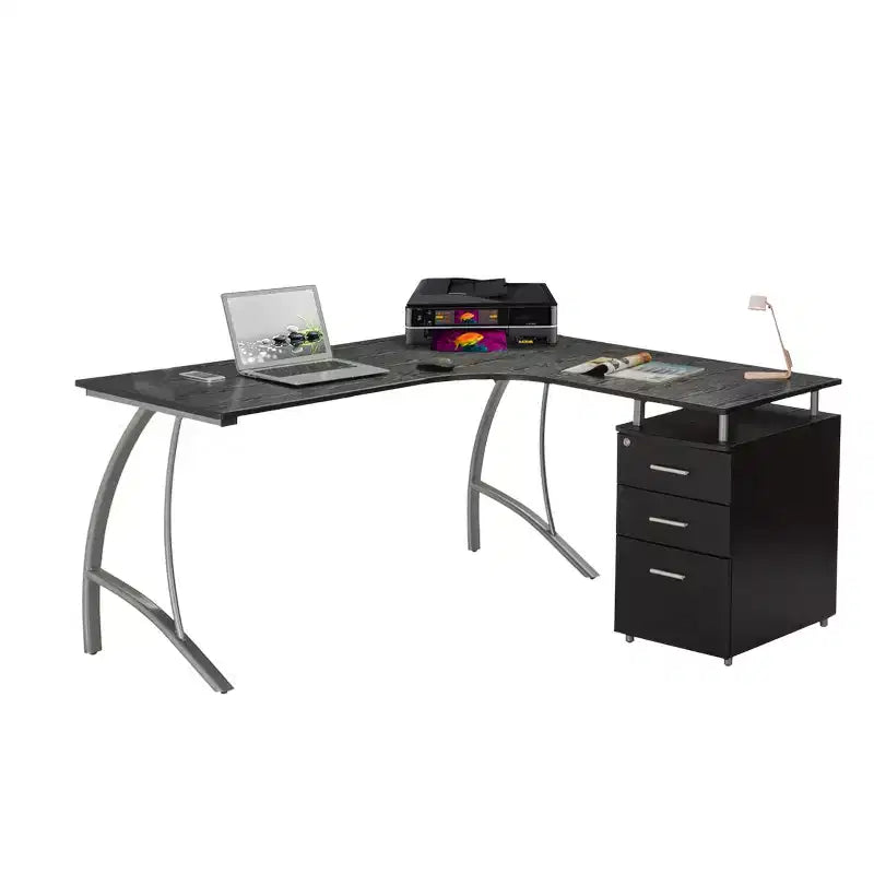 Bureau d'ordinateur moderne en L Techni Mobili avec classeur et rangements marron expresso : Poste de travail de bureau, construction en MDF et acier