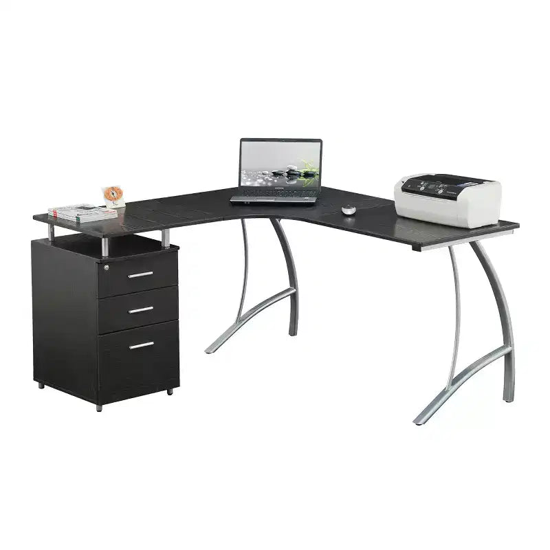 Bureau d'ordinateur moderne en L Techni Mobili avec classeur et rangements marron expresso : Poste de travail de bureau, construction en MDF et acier