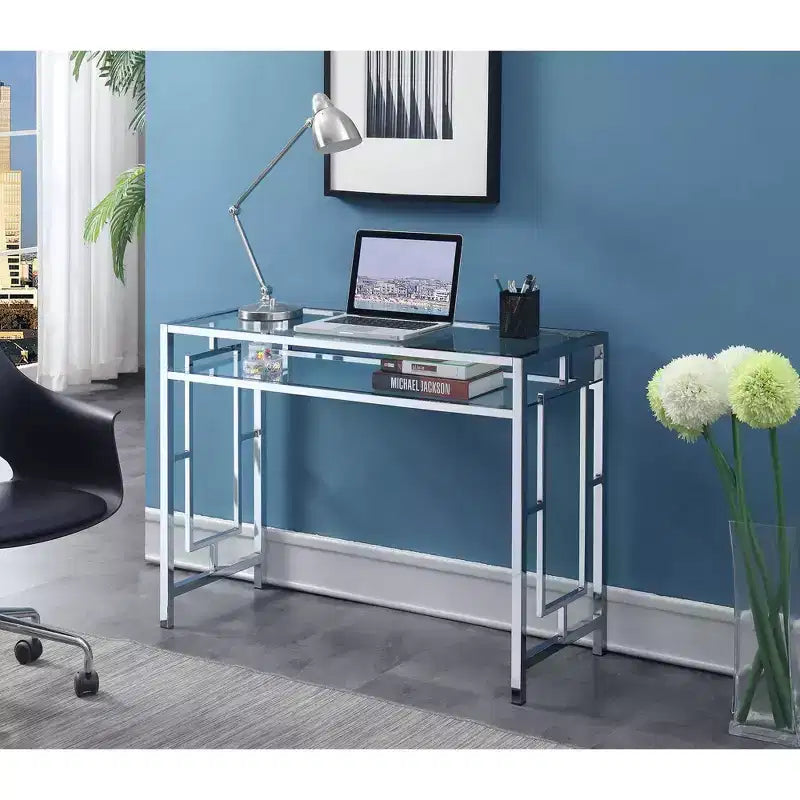 Bureau chromé Town Square avec étagère - Breighton Home : Verre trempé, Bureau, Rangement pour dortoir